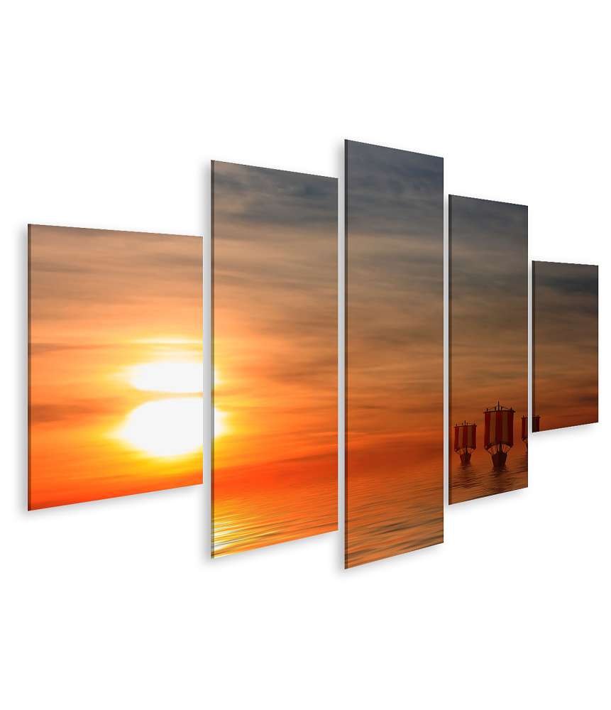 Islandburner Bild auf Leinwand Wikingerschiffe vor malerischem Sonnenuntergang als Wandbild