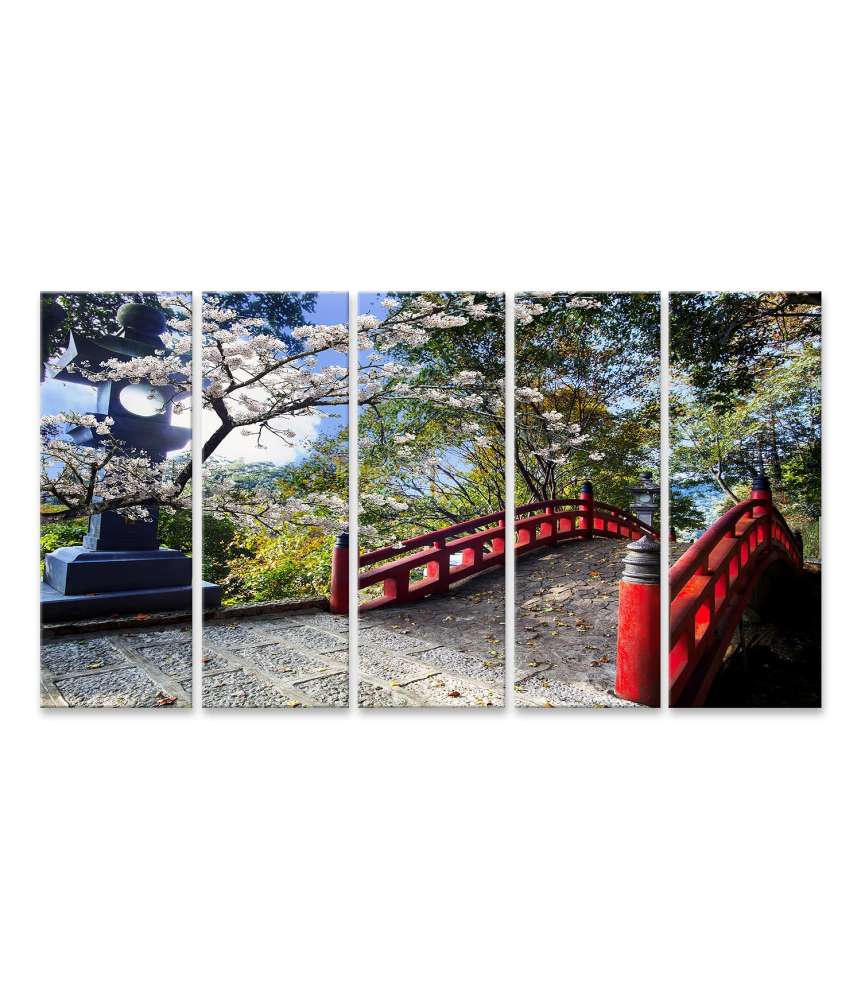 Islandburner Bild auf Leinwand Sakura-Blüten am japanischen Tempel mit roter Brücke