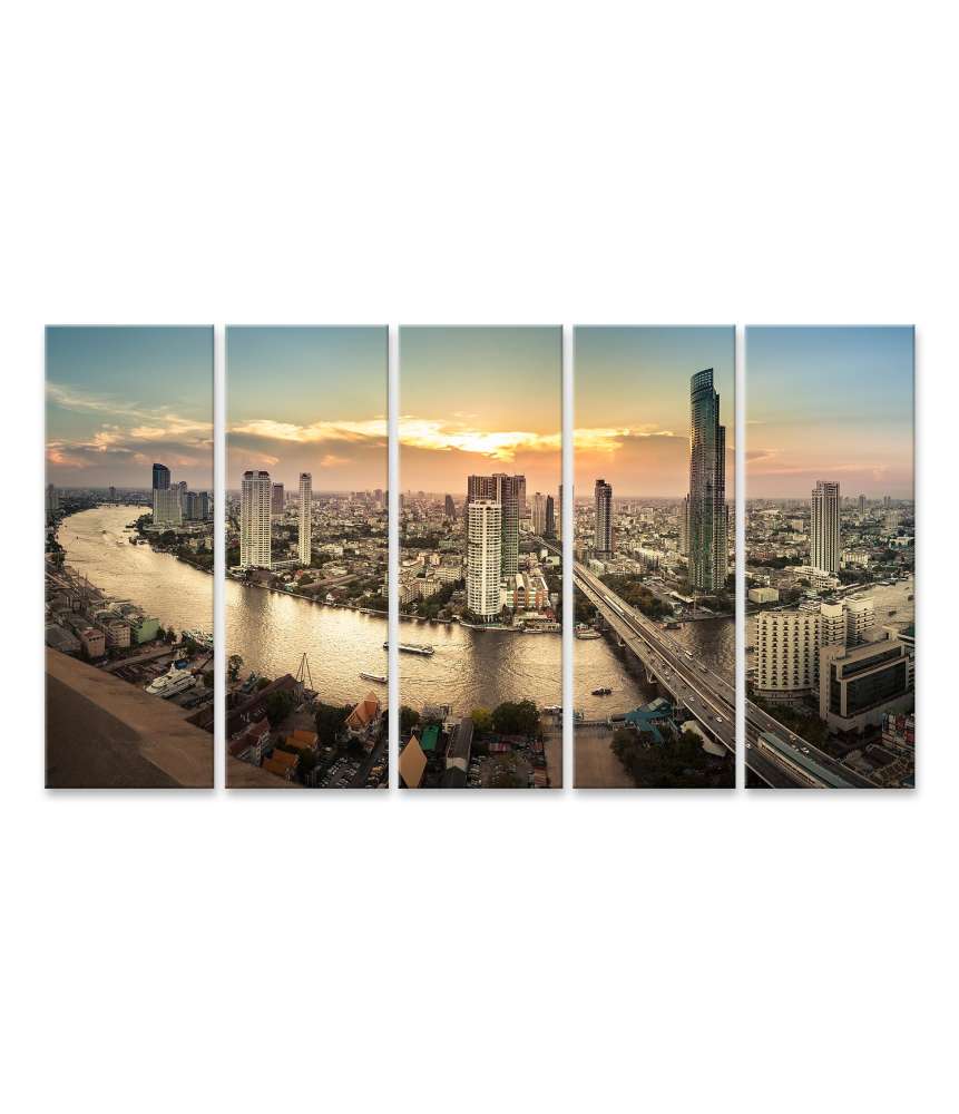 Islandburner Bild auf Leinwand Panoramisches Wandbild einer Flusslandschaft in Bangkok-Stadt