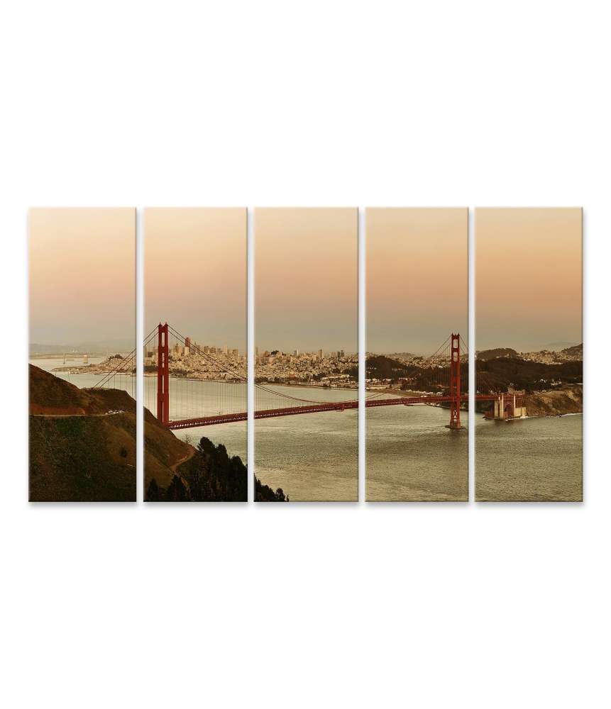 Islandburner Bild auf Leinwand Panorama der Golden Gate Bridge bei Sonnenuntergang in San Francisco