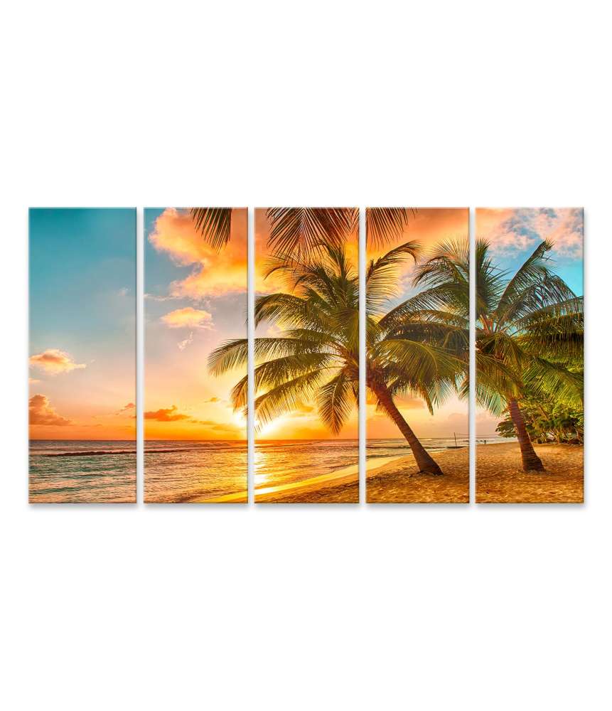 Islandburner Bild auf Leinwand Atemberaubender Sonnenuntergang am Meer mit Palmen in der Karibik, Barbados