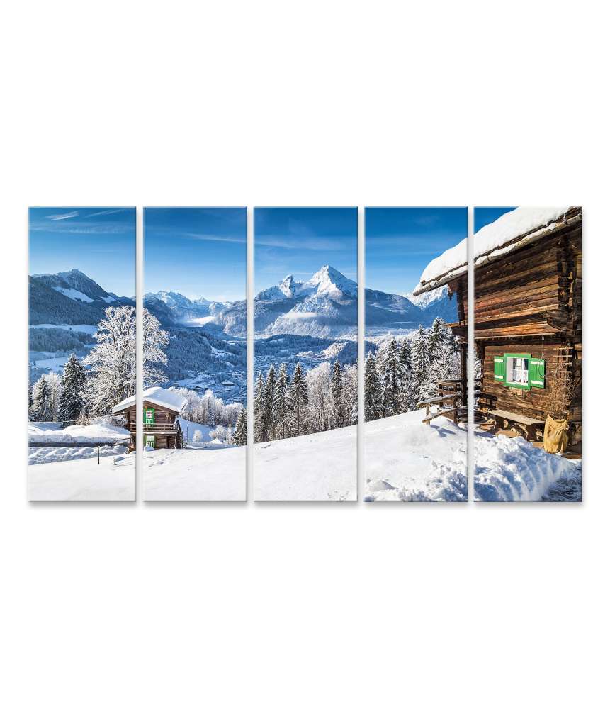 Islandburner Bild auf Leinwand Traditionelle Berghütten in malerischer Alpen-Winterlandschaft