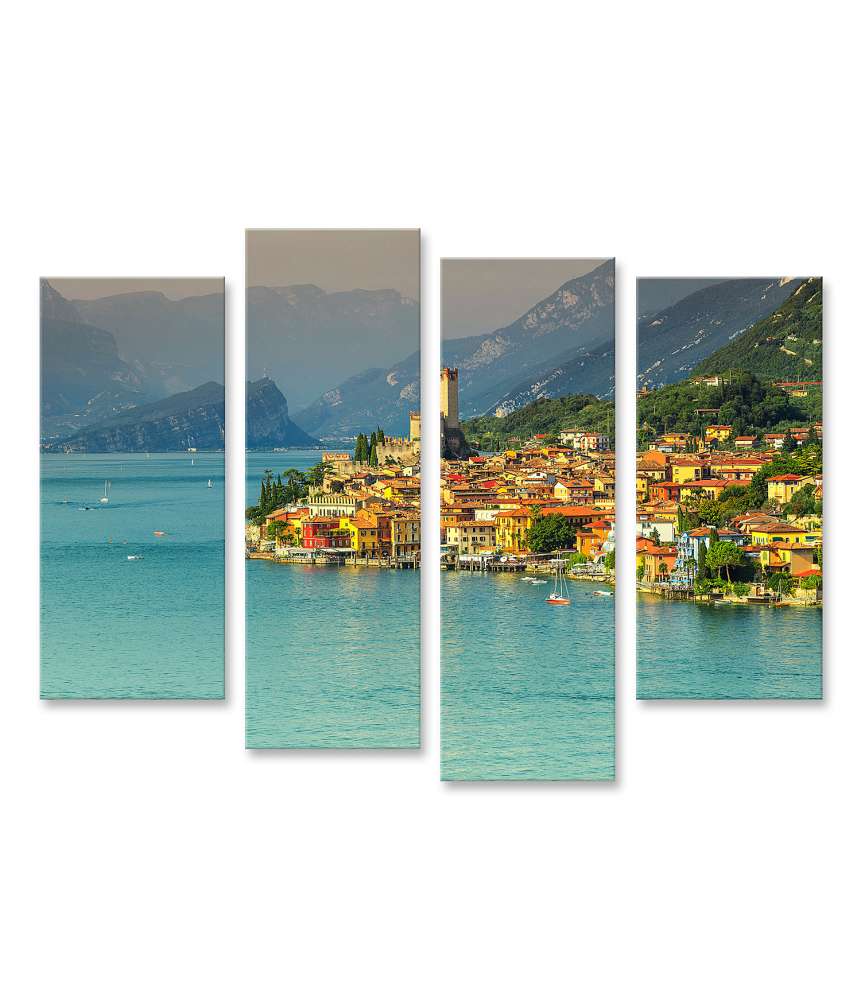 Islandburner Bild auf Leinwand Atemberaubendes Wandbild: Gardasee mit hohen Bergen, Malcesine, Mittelmeer