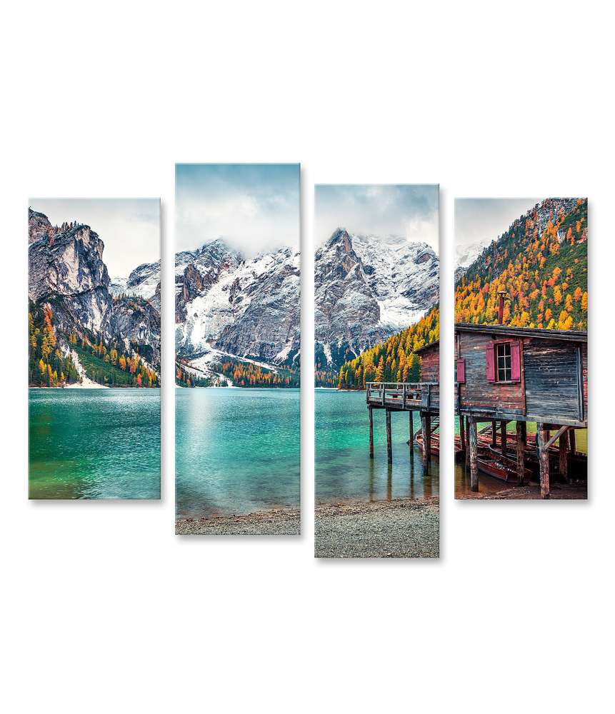 Islandburner Bild auf Leinwand Buntes Wandbild: Bootshütte am Pragser Wildsee mit Seekofel Berg