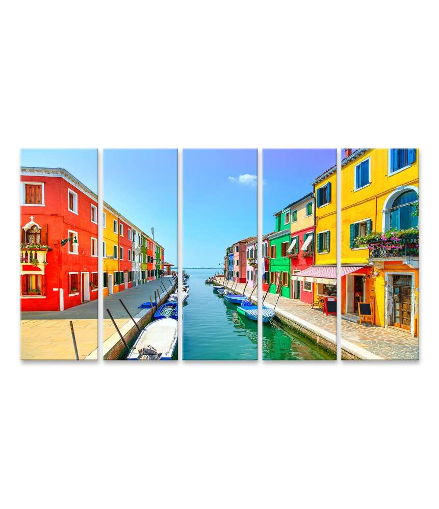 Islandburner Bild auf Leinwand Buntes Wandbild von Venedigs Wahrzeichen: Burano Insel, Kanal, Häuser und Boote