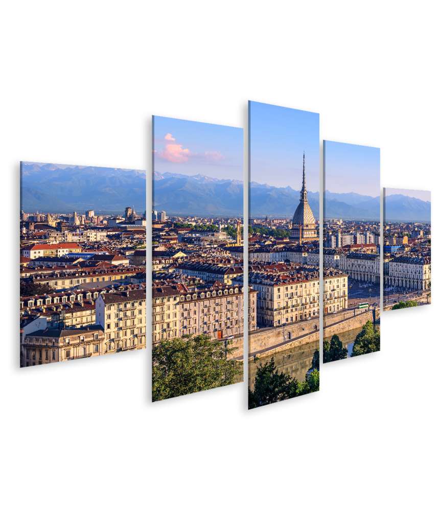 Islandburner Bild auf Leinwand Panoramablick auf Turins Stadtzentrum mit Mole Antonelliana Turm und Alpen