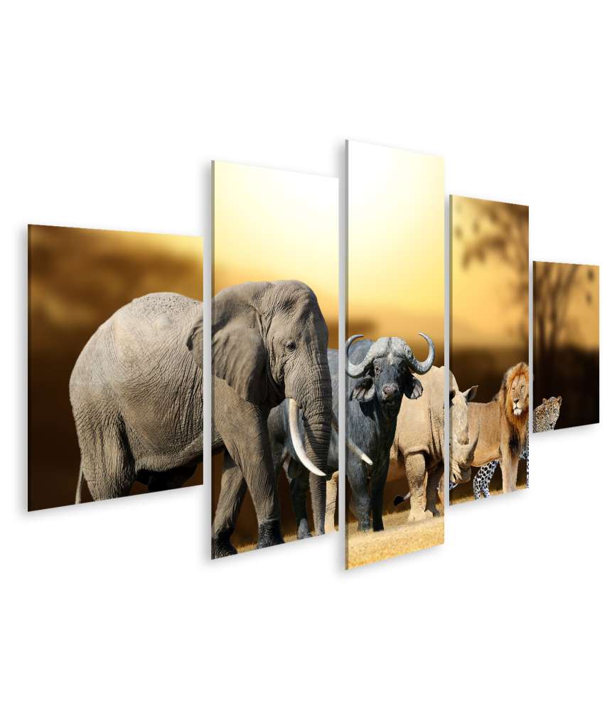 Islandburner Bild auf Leinwand Big Five Afrika-Wandbild für Kinder/Jugendzimmer: Löwe, Elefant, Leopard, Büffel, Nashorn