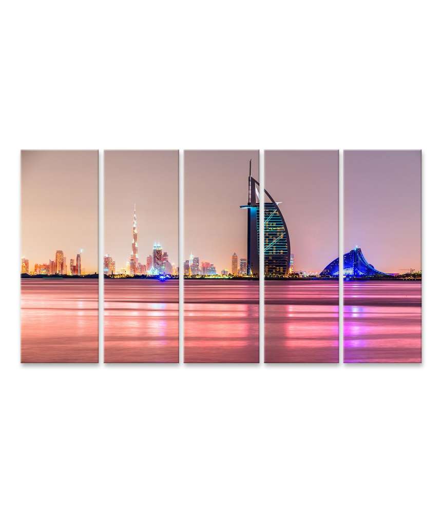 Islandburner Bild auf Leinwand Burj Al Arab Dubai Hotel vor rosafarbenem Himmel und Meer