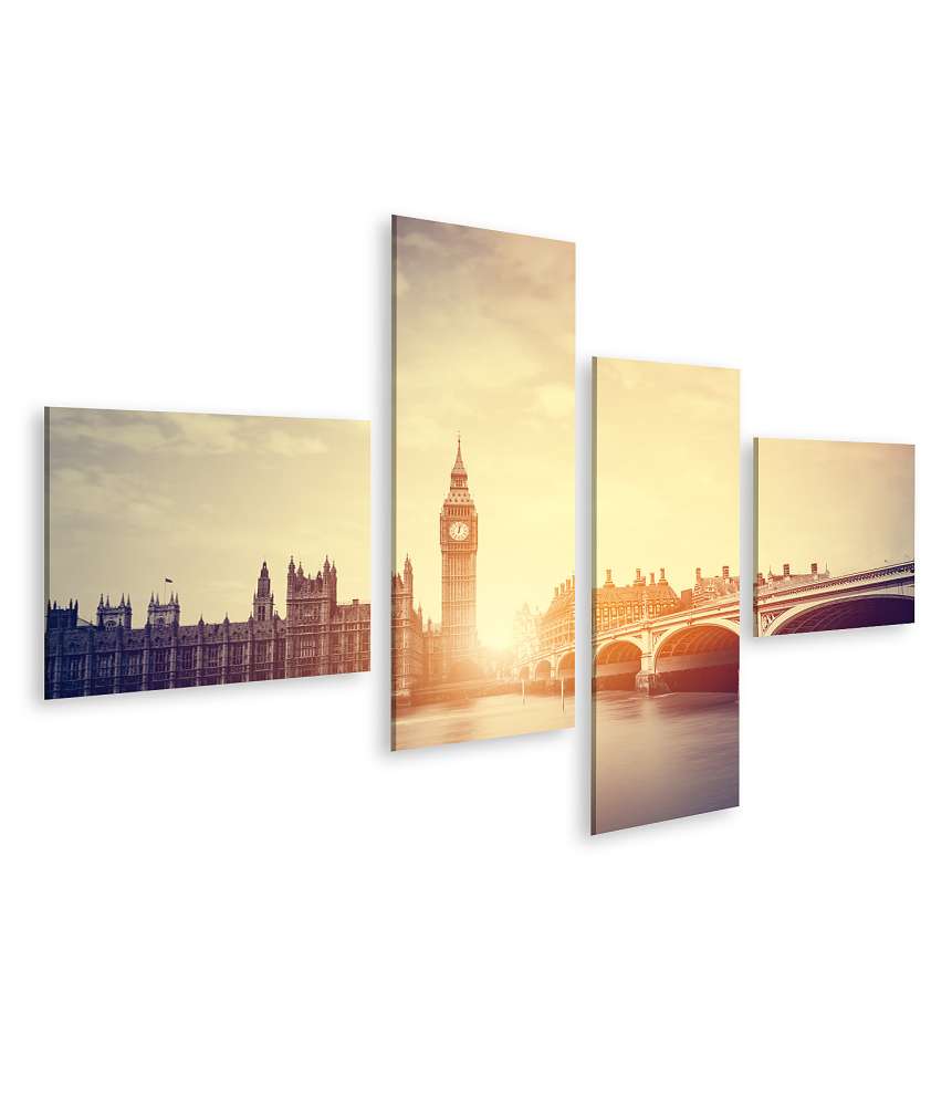 Islandburner Bild auf Leinwand Vintage-Stil Wandbild von Big Ben und Westminster Brücke in London, GB