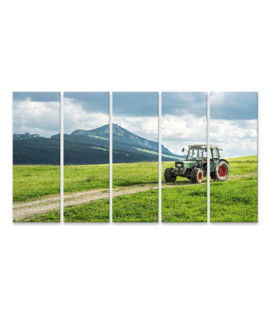 Islandburner Bild auf Leinwand Idyllisches Wandbild: Alter Traktor auf Wiese vor malerischem Alpenpanorama