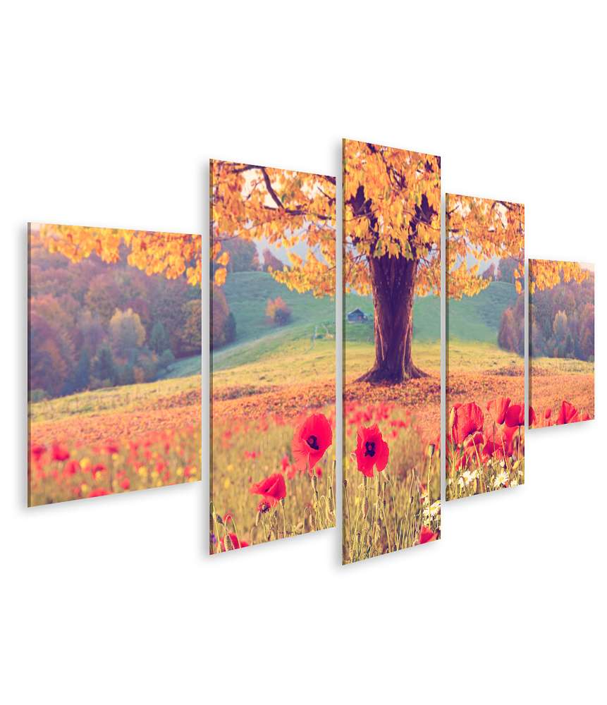 Islandburner Bild auf Leinwand Herbstliche Landschaft mit Mohnblumen und Baum in wundervollen Farben