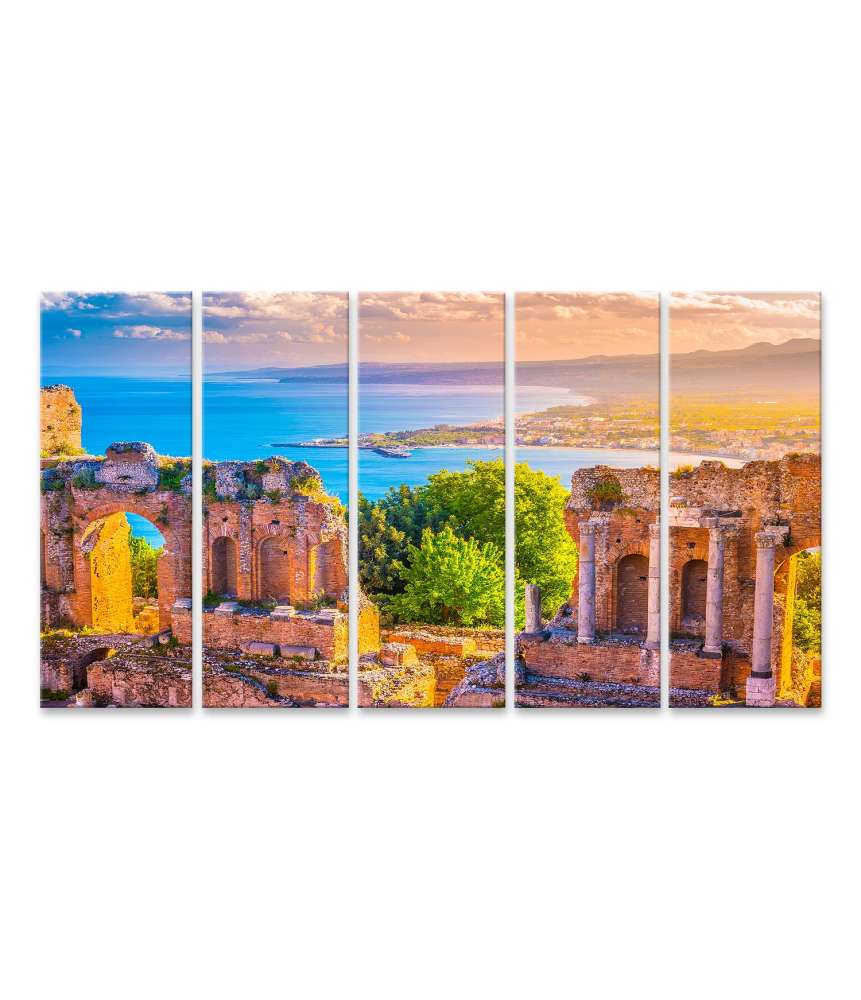 Islandburner Bild auf Leinwand Schönes Reisefoto von Taormina-Theaterruinen bei Sonnenuntergang