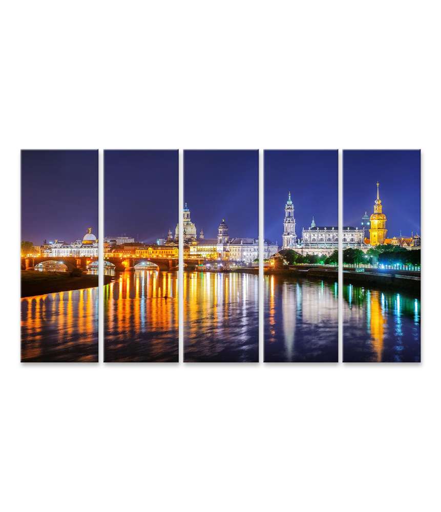 Islandburner Bild auf Leinwand Panoramablick auf die Altstadt von Dresden an der Elbe bei Nacht, Deutschland