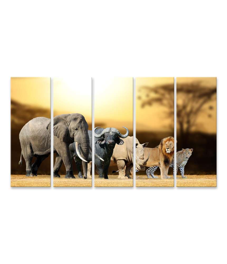 Islandburner Bild auf Leinwand Big Five Afrika-Wandbild für Kinder/Jugendzimmer: Löwe, Elefant, Leopard, Büffel, Nashorn