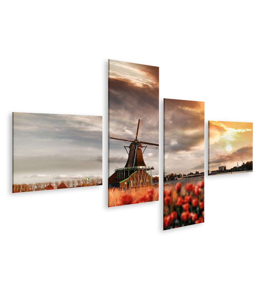 Islandburner Bild auf Leinwand Traditionelle Windmühlen und rote Tulpen in Zaanse Schans, Amsterdam