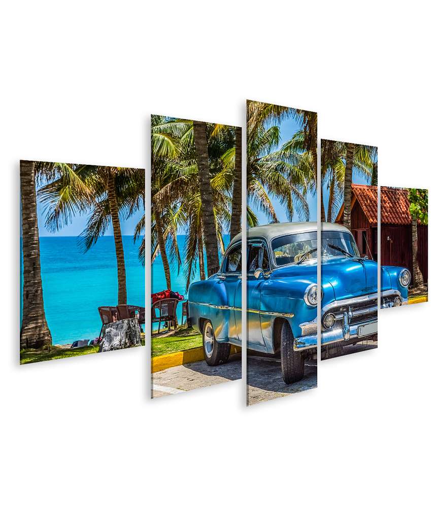 Islandburner Bild auf Leinwand Blauer Oldtimer mit Silberdach am Strand von Varadero, Kuba