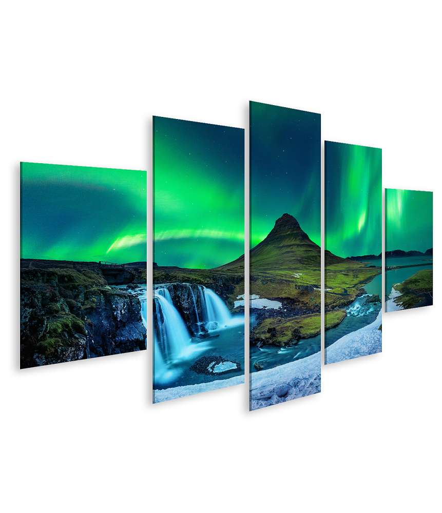 Islandburner Bild auf Leinwand Winterliches Nordlicht Aurora Borealis über Kirkjufell Berg, Island