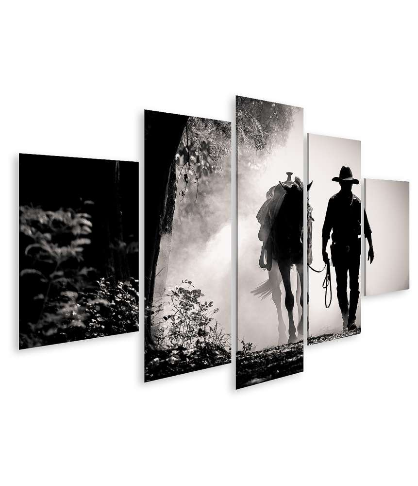 Islandburner Bild auf Leinwand Schwarz-Weiß-Silhouette eines Cowboys auf einem Pferd beim Sonnenaufgang