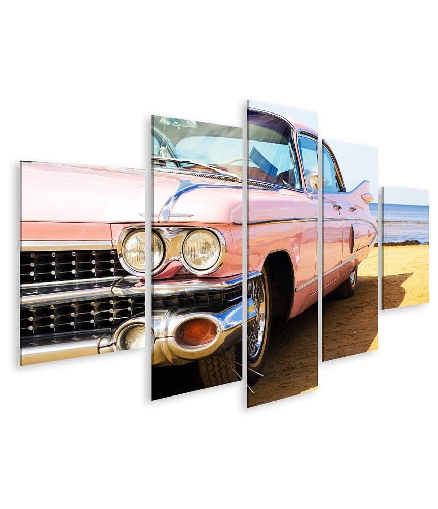 Islandburner Bild auf Leinwand Klassisches Wandbild eines rosa Cadillac am Strand