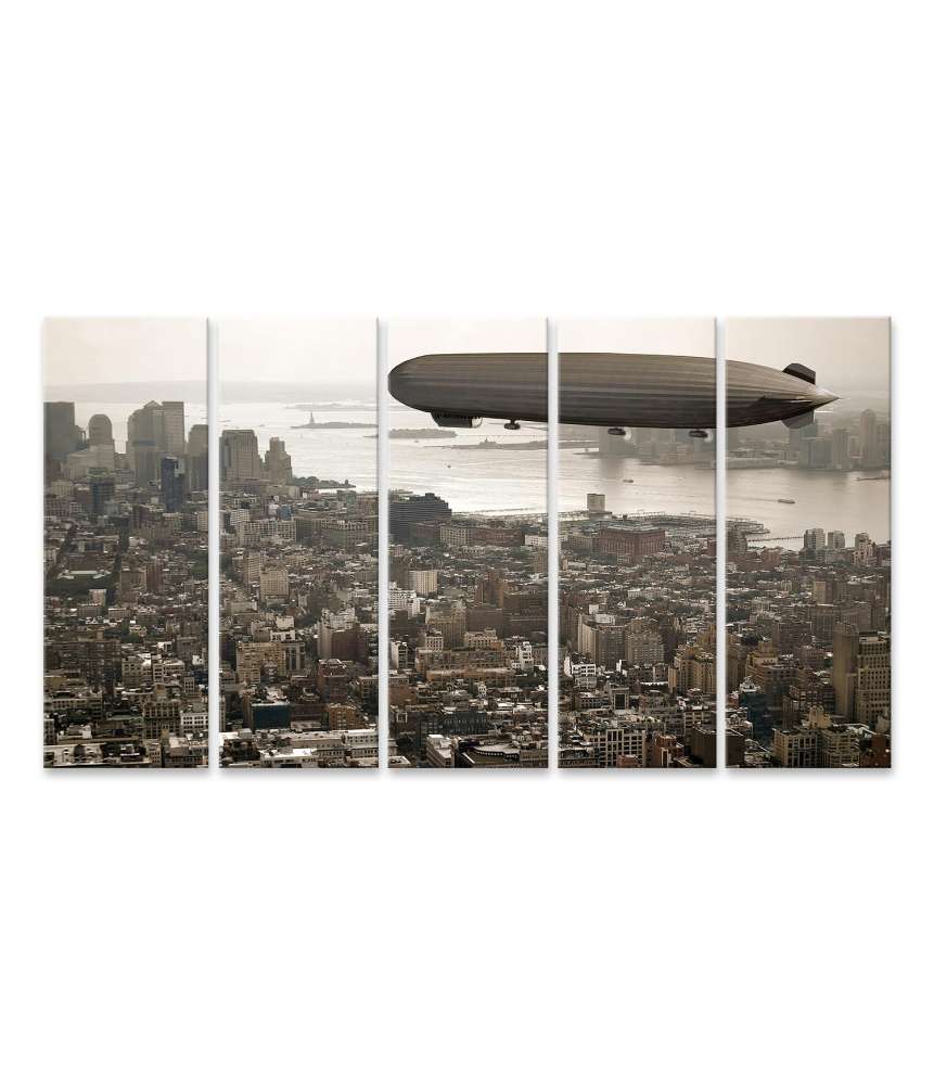 Islandburner Bild auf Leinwand Vintage-Stil Wandbild: Zeppelin schwebt über Manhattan