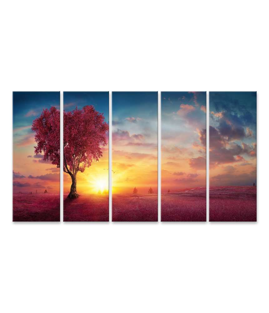 Islandburner Bild auf Leinwand Romantischer Sonnenuntergang mit rotem Herz-Baum in natürlicher Landschaft