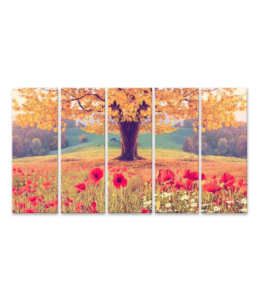 Islandburner Bild auf Leinwand Herbstliche Landschaft mit Mohnblumen und Baum in wundervollen Farben