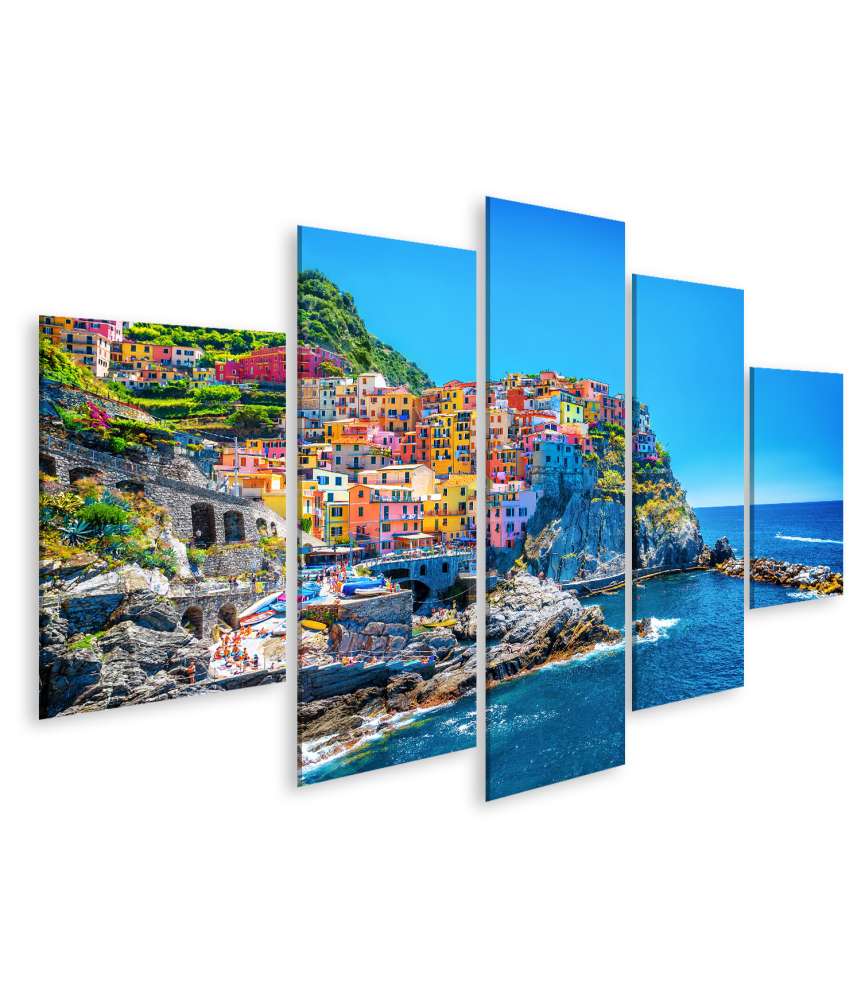 Islandburner Bild auf Leinwand Bunte Stadtlandschaft in den Bergen über dem Mittelmeer, Cinque Terre, Europa