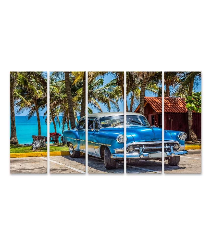 Islandburner Bild auf Leinwand Blauer Oldtimer mit Silberdach am Strand von Varadero, Kuba