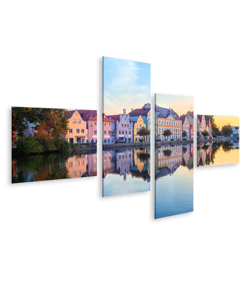 Bild auf Leinwand Gotische Häuser an der Isar in der Altstadt von Landshut, Bayern, Deutschland