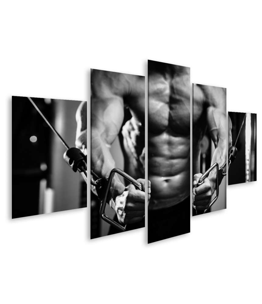 Islandburner Bild auf Leinwand Nahaufnahme eines Bodybuilders im Fitnessstudio, schwarzweiß Darstellung