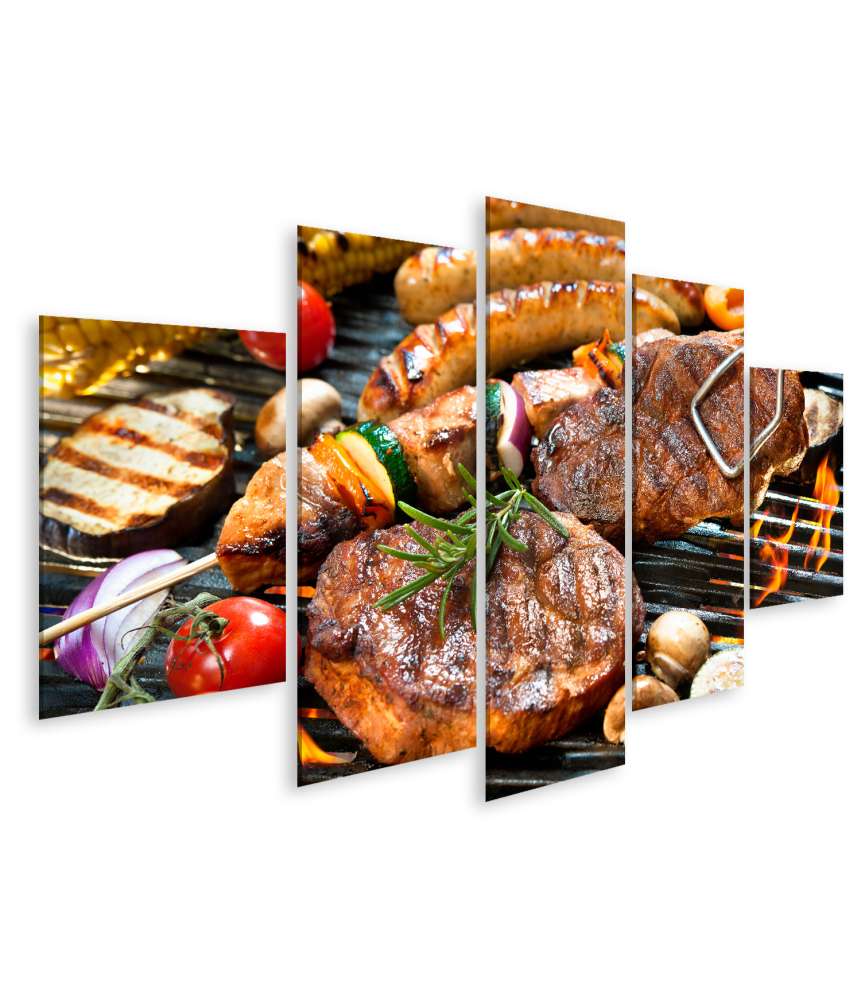 Bild auf Leinwand Wandbild zeigt Grillgut: Fleisch, Würste, Gemüse und eine Grillzange