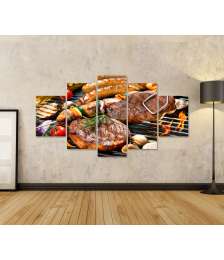 Bild auf Leinwand Wandbild zeigt Grillgut: Fleisch, Würste, Gemüse und eine Grillzange