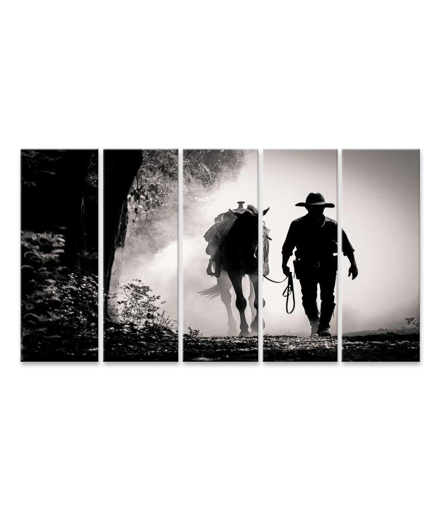 Islandburner Bild auf Leinwand Schwarz-Weiß-Silhouette eines Cowboys auf einem Pferd beim Sonnenaufgang