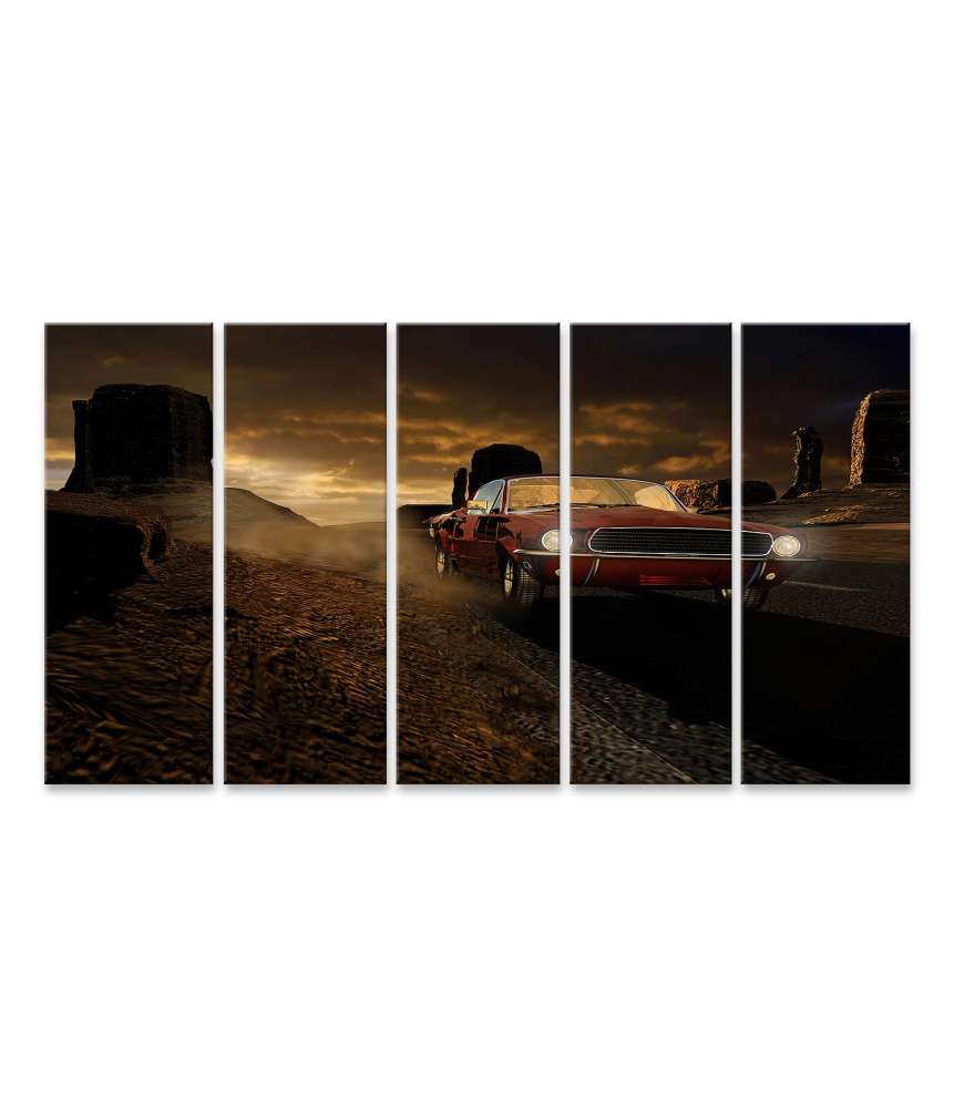 Bild auf Leinwand 1967er Ford Mustang in metallrot vor Monument Valley-Wandbild