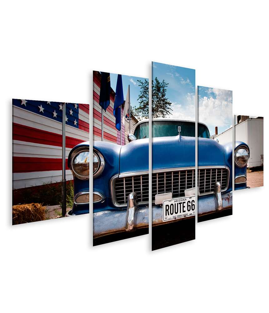 Islandburner Bild auf Leinwand USA-Flagge, Route 66 und amerikanisches Auto Wandbild