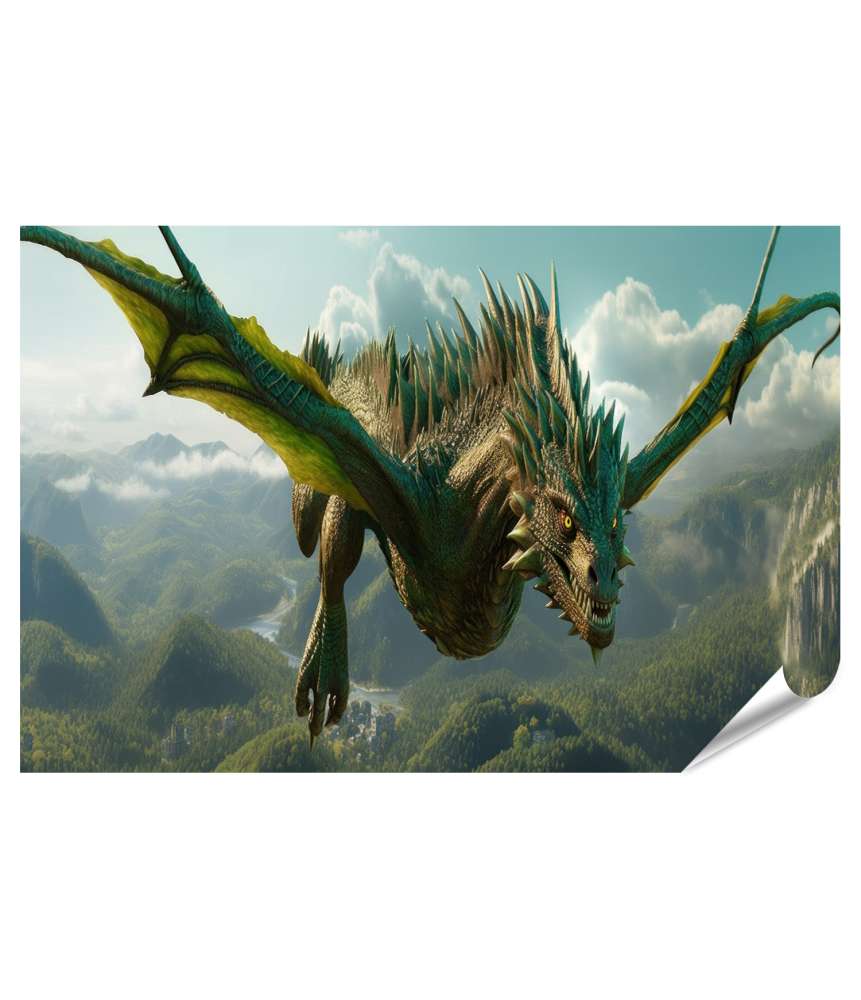 Islandburner XXL Premium Poster Ein grün-gelber Drache schwebt majestätisch über einer Bergkette