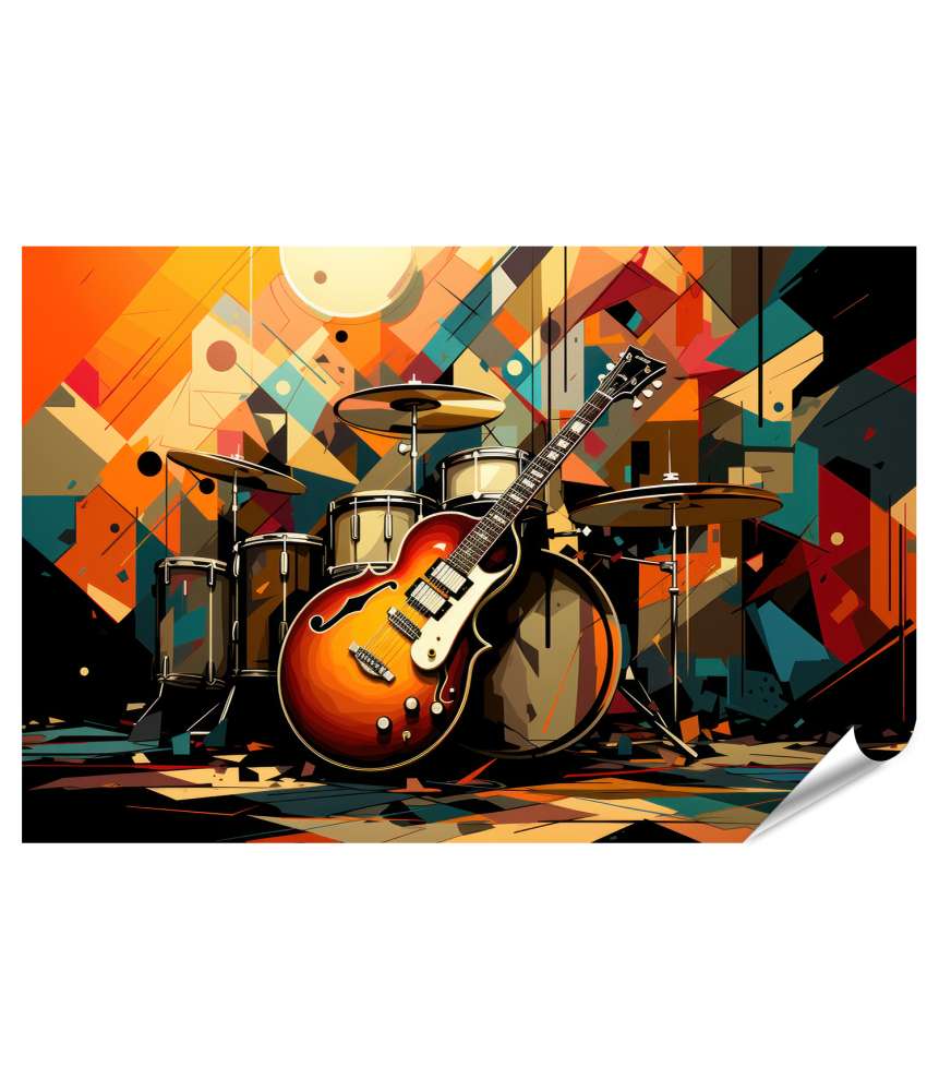 Islandburner XXL Premium Poster Vibrantes Wandbild mit Gitarre und Schlagzeug auf Bühnendarstellung