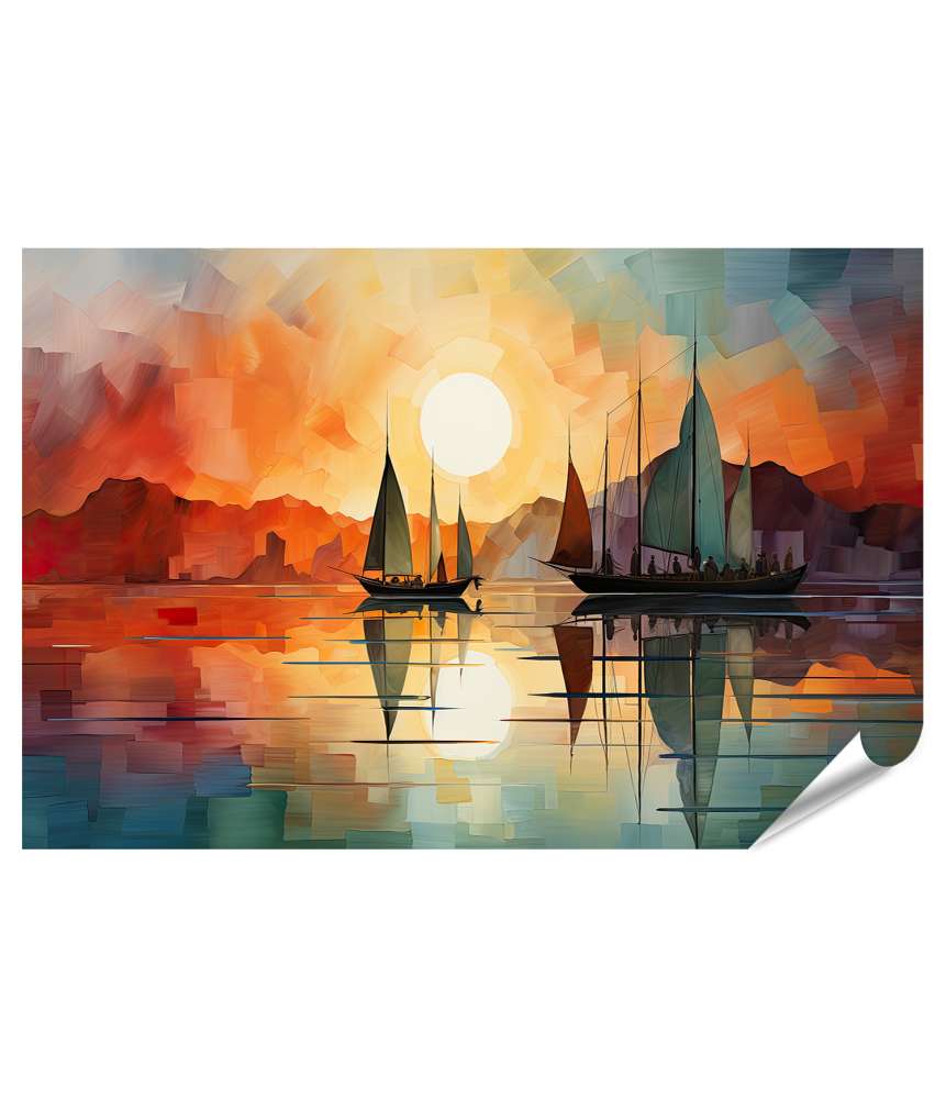 Islandburner XXL Premium Poster Zwei Segelboote auf dem Wasser bei Sonnenuntergang - Wandgemälde