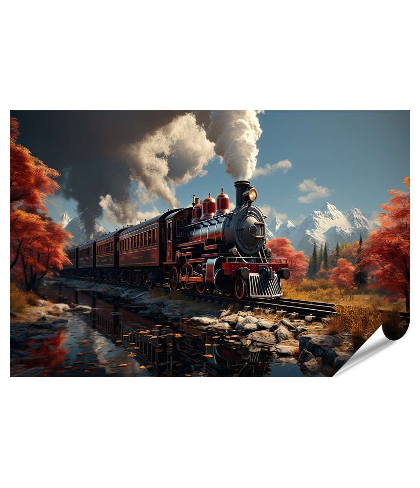 Islandburner XXL Premium Poster Wandbild eines Zuges, der durch einen malerischen Wald fährt