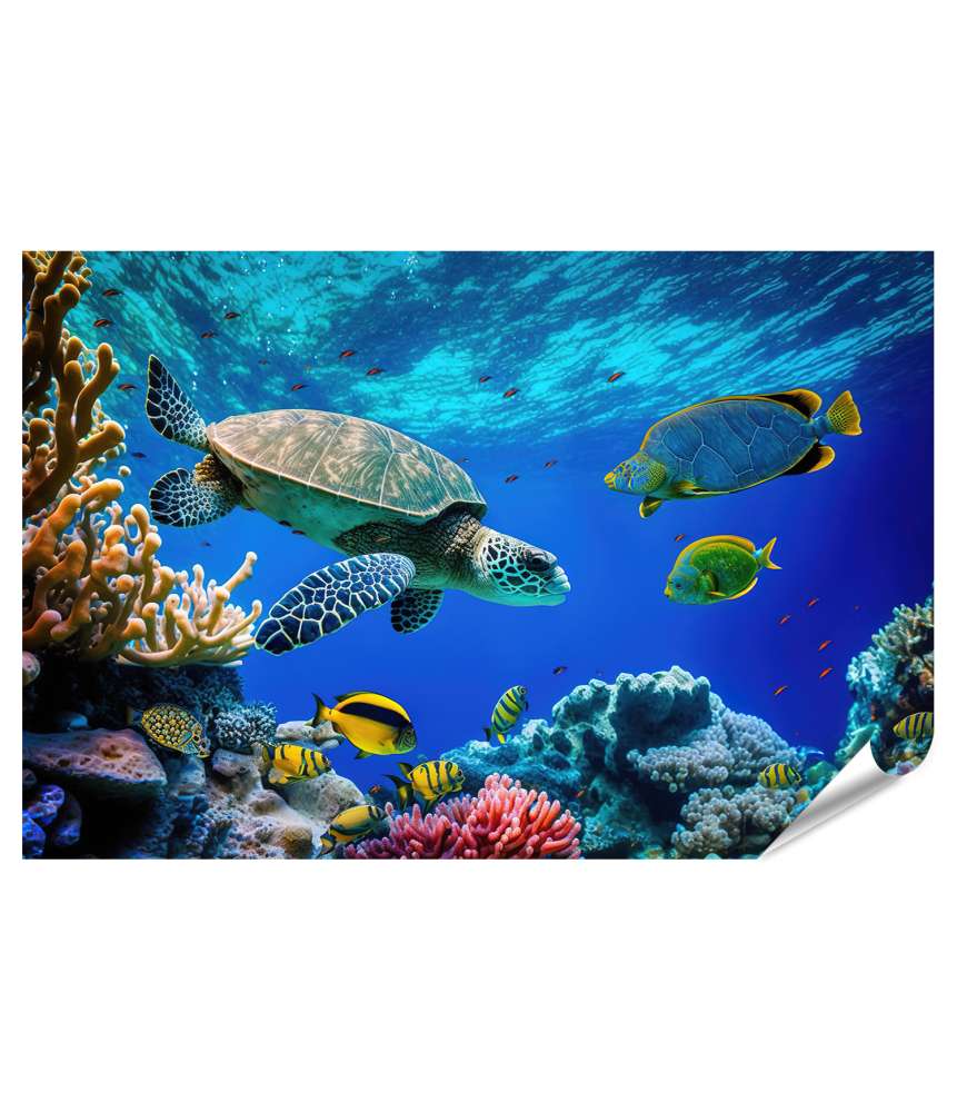 Islandburner XXL Premium Poster Unterwasserwandbild mit wilder Seeschildkröte, Fischen & Korallenriff