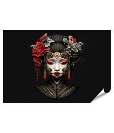 XXL Premium Poster Weiß maskierte Cyborg-Geisha: Roboter mit Schwarz-Gold-Muster & roten Blüten