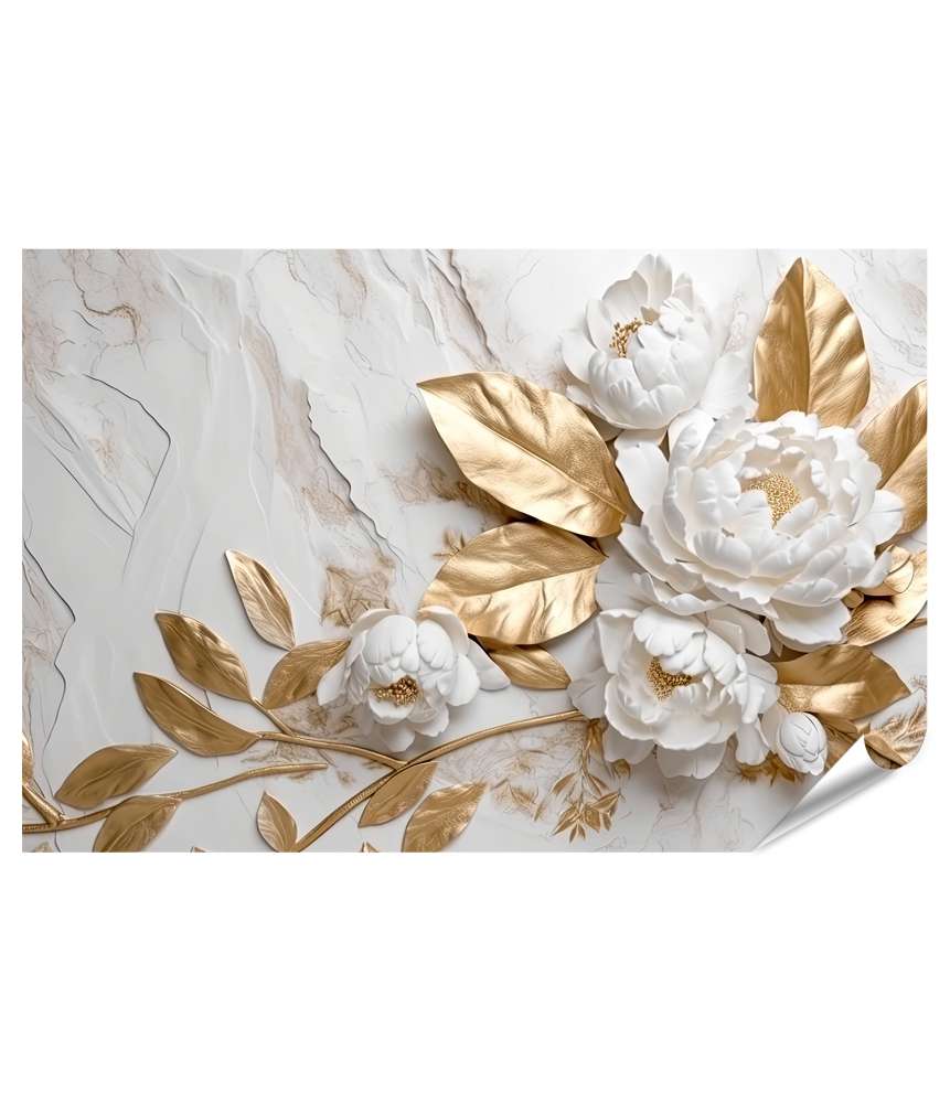 Islandburner XXL Premium Poster Luxuriöses Wandbild mit goldener Blumenmuster auf weißem Marmor-Hintergrund