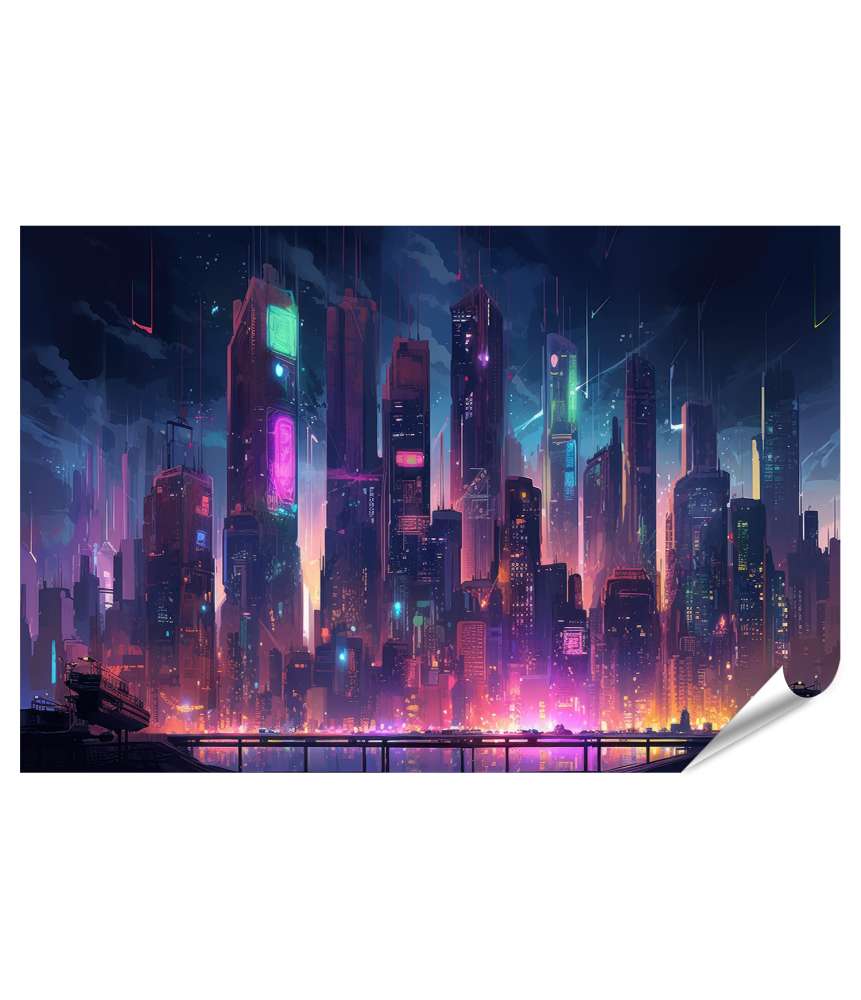 Islandburner XXL Premium Poster Dunkle Cyberpunk-Stadt-Skyline beleuchtet mit Neonlichtern