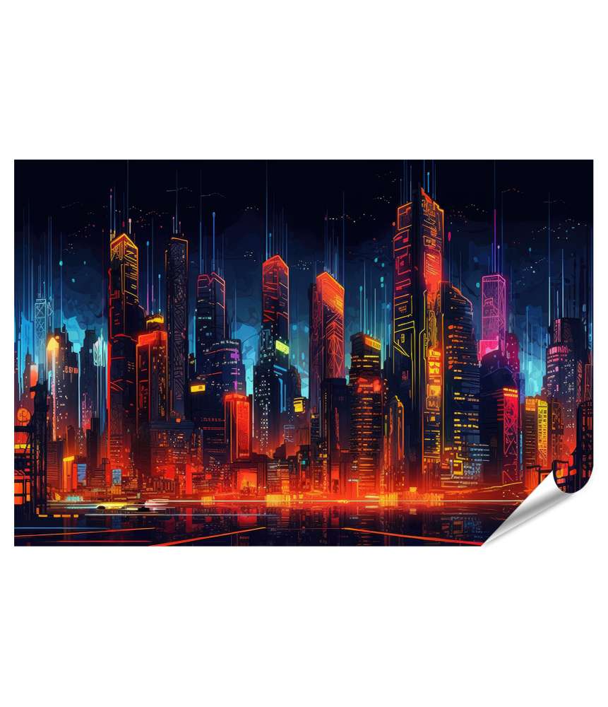 Islandburner XXL Premium Poster Dunkle Cyberpunk-Stadtsilhouette beleuchtet durch Neonlichter