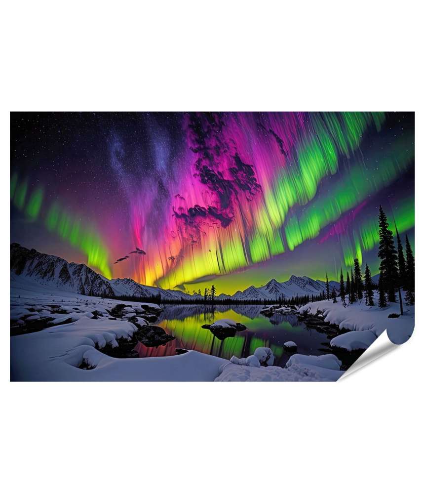 Islandburner XXL Premium Poster Nordlichter (Aurora Borealis) über einer Bergkulisse