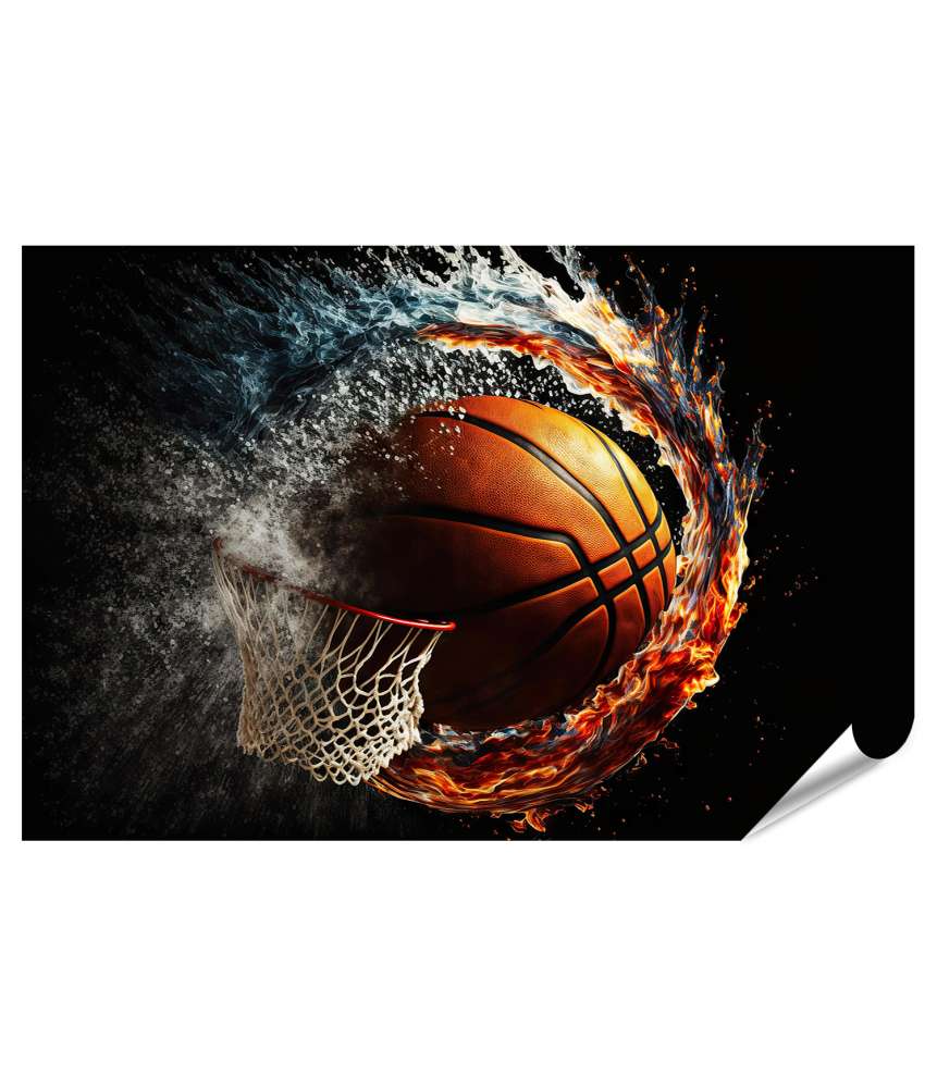 Islandburner XXL Premium Poster Leuchtender Basketball fliegt gegen dunklen Korb in lebhaftem Feuer