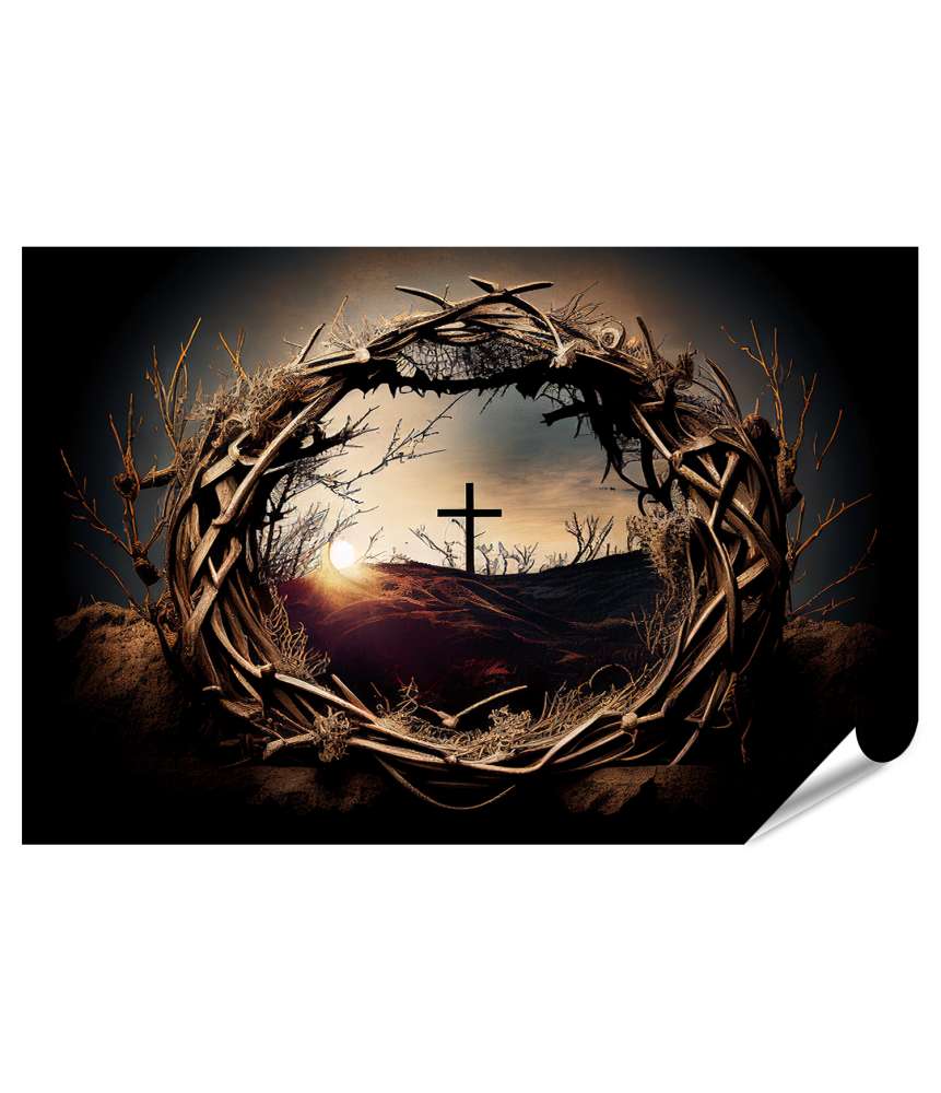 Islandburner XXL Premium Poster Illustration von Jesus Christus mit Dornenkrone und Kreuz, Christentumssymbol