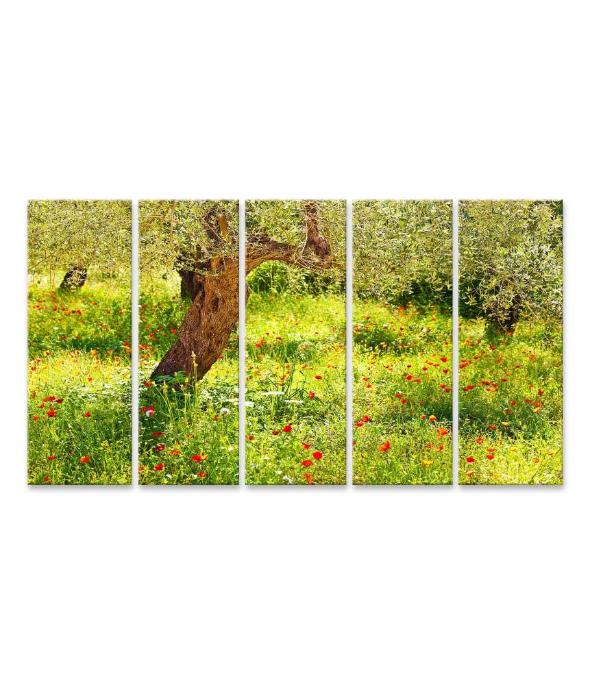 Islandburner Bild auf Leinwand Lebendiges Wandbild einer Mohnblumenwiese mit prächtigem Baum