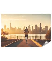 XXL Premium Poster Gemaltes Wandbild eines Sportlers beim Morgenlauf im Stadtpark vor Skyline