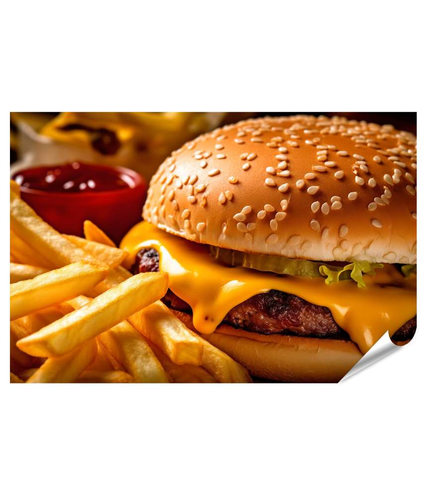 Islandburner XXL Premium Poster Lebhaftes Wandbild: Hamburger und knusprige Pommes Frites